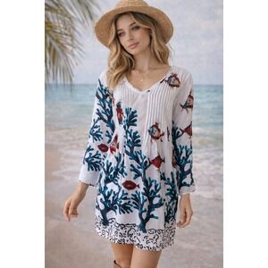 Soft Surroundings Fish Coral Tunic Dress White Coastal Beach Boho M